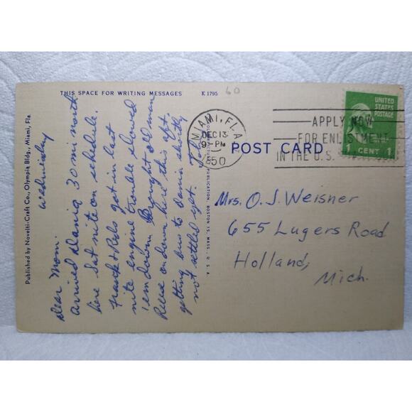 Greetings From Miami Beach Florida Large Letter Linen Postcard 1950 Palms Boats - Picture 3 of 3